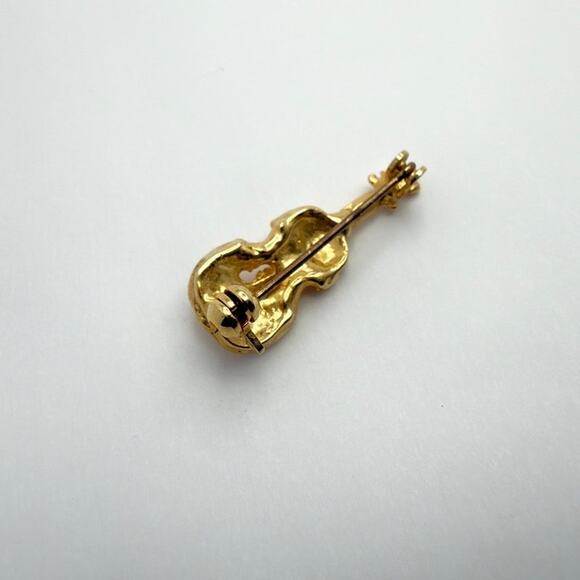 Vintage 80s Gold Tone Rhinestone Violin Cello Brooch Pin Musical Instrument - Picture 5 of 8